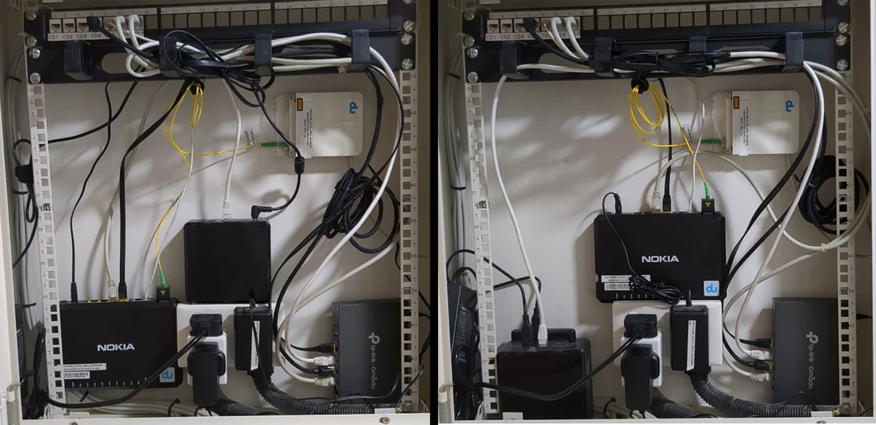 Multiple adjustments within the wall rack to fir the routers and the NUC