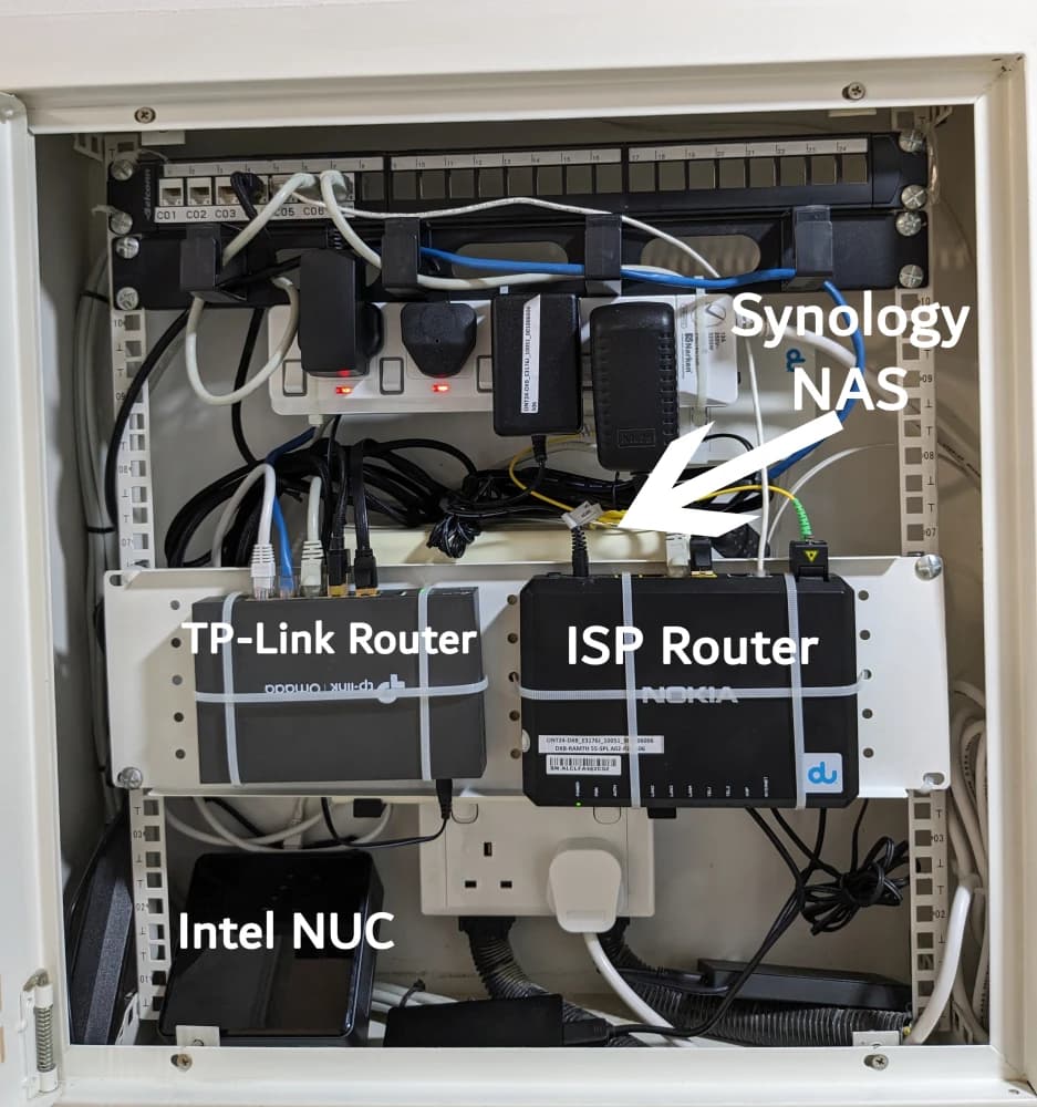 The 12U rack filled with the routers, NAS and NUC.