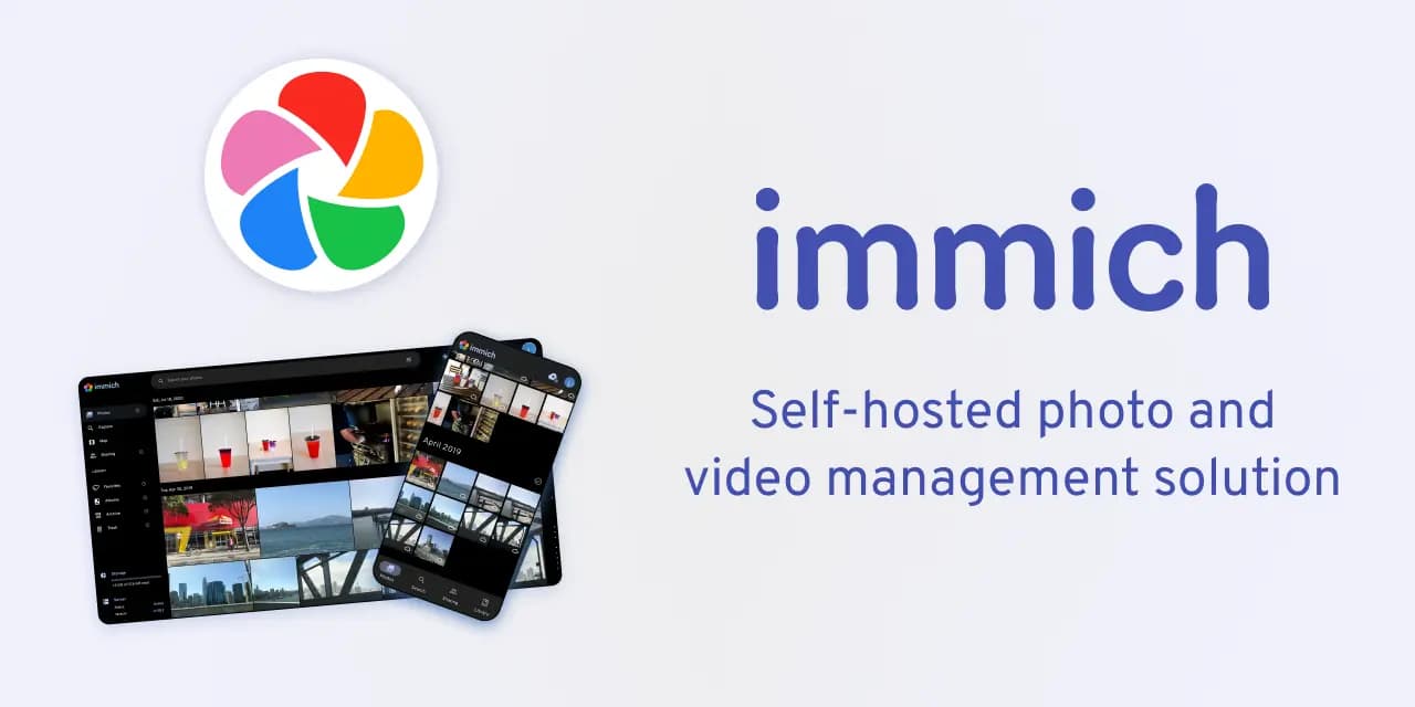 Immich logo with the subtitle of self-hosted photo and video mangement solution