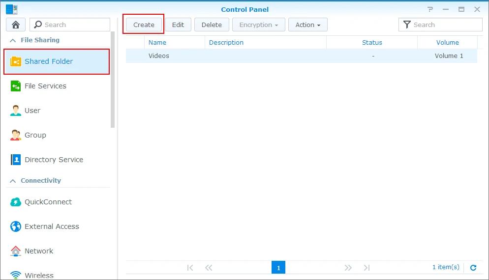 A picture that shows the Synology NAS control panel on the Shared folder tab