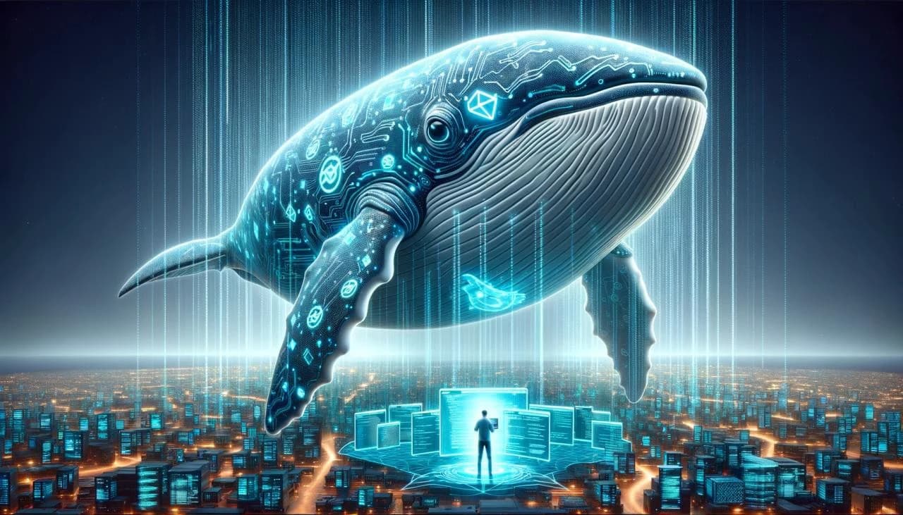 An Image for a whale referencing docker floating on the skies above a person with multiple screens in front of him like he's programming the world