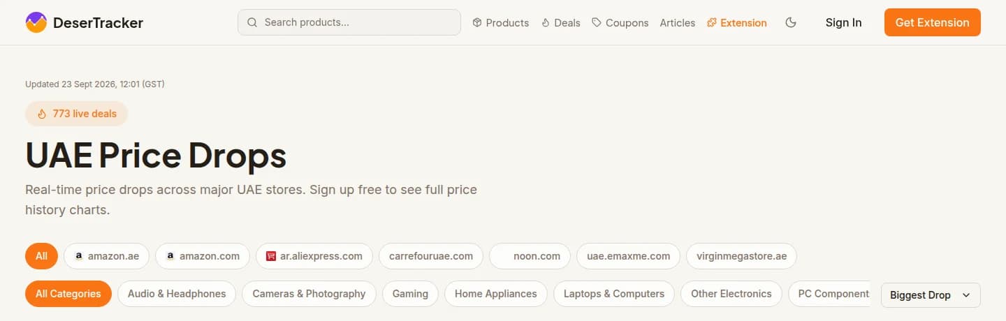 DeserTracker live price drops page with store and category filters