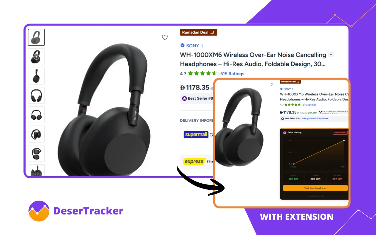 The DeserTracker extension showing price history on a Noon product page